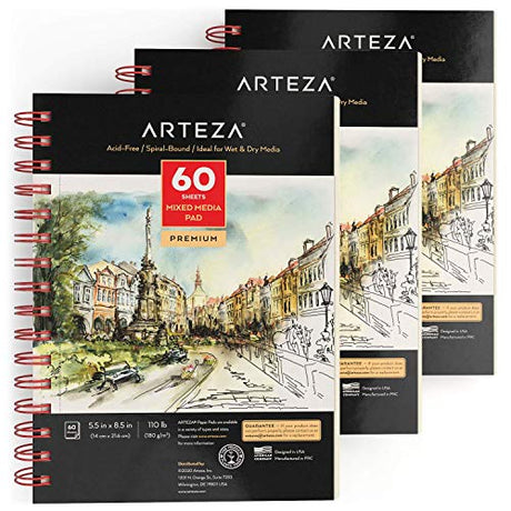 Arteza Mixed Media Sketchbooks, Pack of 3, 5.5 x 8.5 Inches, 60-Sheet Drawing Pads with 110lb Paper, Spiral-Bound, Art Supplies for Wet and Dry Media ARTEZA