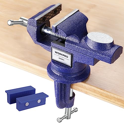 WORKPRO Bench Vise, 2.5 Inch Jaw Width Universal Table Vise, 360°Swivel Base Home Vice Bench Clamp with Magnetic Jaw Pads, Portable Clamp-on Vise