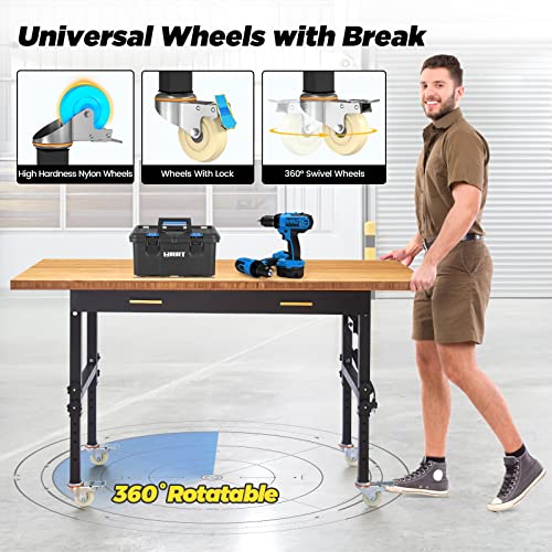 Workbench for Garage Workbench with Drawer Garage Workbench with Height Adjust with Power Outlet with Wheels 59’’ x 23.6’’ 1.5’’ Thick Bamboo Top