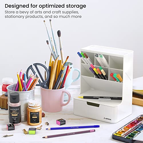 ARTEZA Desktop Pen and Marker Organizer, 6-Compartment White Pen Holder for Desk with Stationery Drawer, 5.43in x 7.09in x 9.33in, Makeup Organizer