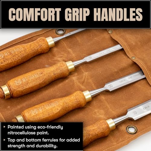 Mt Diablo Wood Chisel Set - 4pc with waxed canvas tool roll. This set of woodoworking tools comes in 4 sizes and comes with a hand tool bag. Mt Diablo
