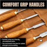 Mt Diablo Wood Chisel Set - 4pc with waxed canvas tool roll. This set of woodoworking tools comes in 4 sizes and comes with a hand tool bag. Mt Diablo
