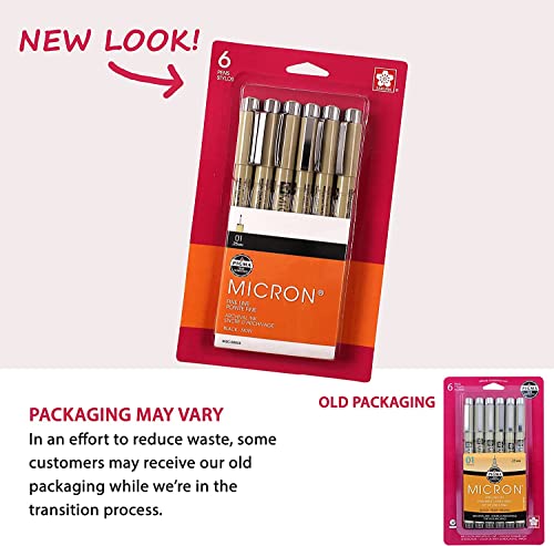 SAKURA Pigma Micron Fineliner Pens - Archival Black Ink Pens - Pens for Writing, Drawing, or Journaling - Black Ink - 01 Point Size - 6 Pack SAKURA