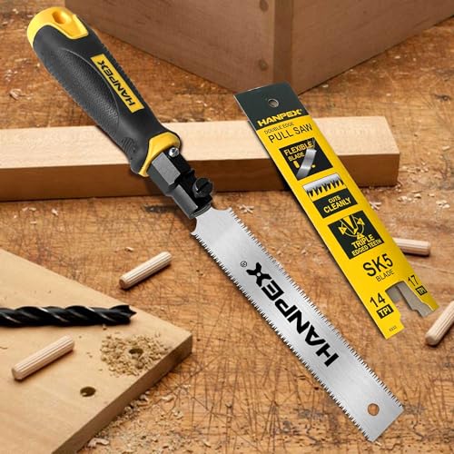 Hanpex Mini Japanese Hand Saw 7" Double Edge Pull Saw, SK5 Flush Cut Woodworking Hand Saw- Flexible Blade - 14 TPI / 17 TPI Hanpex