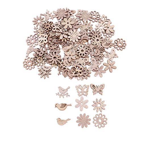 Happyyami 100pcs Unfinished Wood Cutouts Wooden Flower Butterfly Bird Embellishments Table Confetti Rustic Wedding Decorations DIY Wood Craft - WoodArtSupply