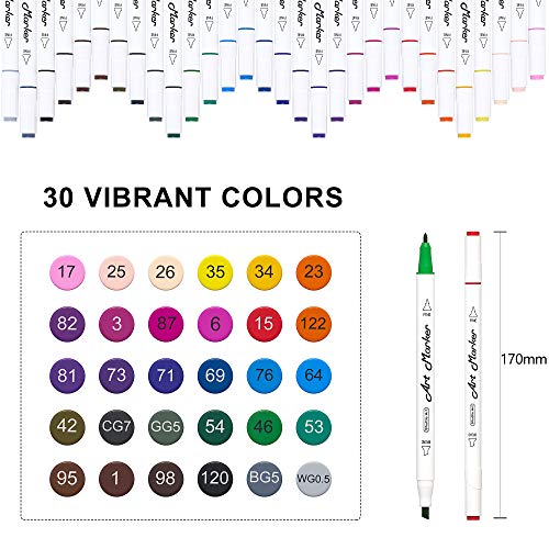 Shuttle Art 30 Colors Dual Tip Art Markers Permanent Marker Pens Highlighters Perfect for Illustration Adult Coloring Sketching and Card Making