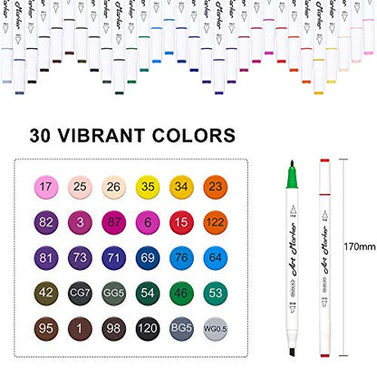 Shuttle Art 30 Colors Dual Tip Art Markers Permanent Marker Pens Highlighters Perfect for Illustration Adult Coloring Sketching and Card Making