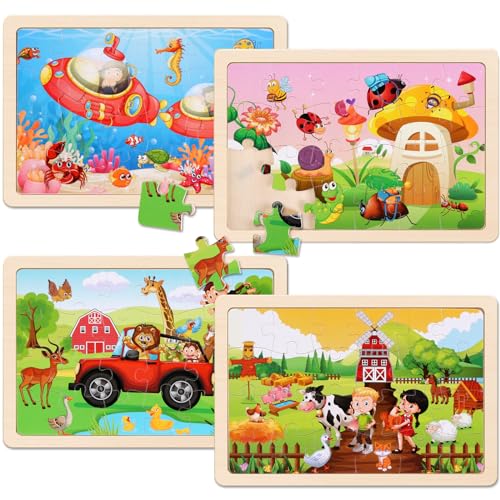 Wooden Puzzles Toys for Kids Ages 3-5, Set of 4 Packs with 24-Piece Farm, Insects, Animals Wood Jigsaw Puzzles, Preschool Educational Brain Teaser NASHRIO