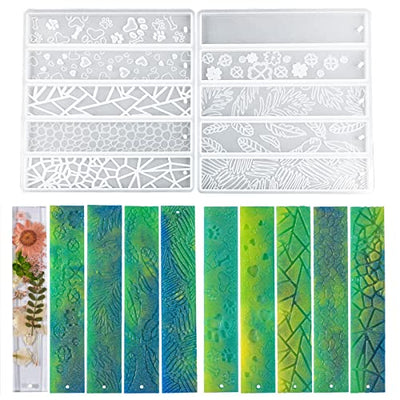 Szecl 10Pcs Resin Bookmark Mold Upgrade Rectangle Bookmark Silicone Mold with 10 Tassel Leaves Texture Flower Shaped Epoxy Resin Casting Mold DIY
