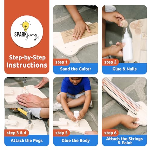 SparkJump DIY Guitar Wooden Building Kit: STEM Kits for Kids Age 8-10 - Wood Crafts for Kids Ages 4-8 and Up, Building Kits for Creative Play and SparkJump