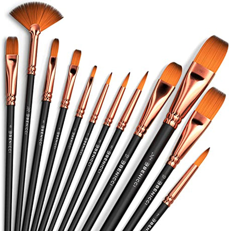 Professional Artist Paint Brush Set of 12 - Painting Brushes Kit for Kids, Adults Fabulous for Canvas, Watercolor & Fabric - for Beginners and Benicci