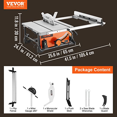 VEVOR Table Saw for Jobsite, 10-inch 15-Amp, 25-in Max Rip Capacity, Cutting Speed up to 4500RPM, 40T Blade, Portable Compact Tablesaw with Sliding VEVOR