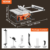 VEVOR Table Saw for Jobsite, 10-inch 15-Amp, 25-in Max Rip Capacity, Cutting Speed up to 4500RPM, 40T Blade, Portable Compact Tablesaw with Sliding VEVOR