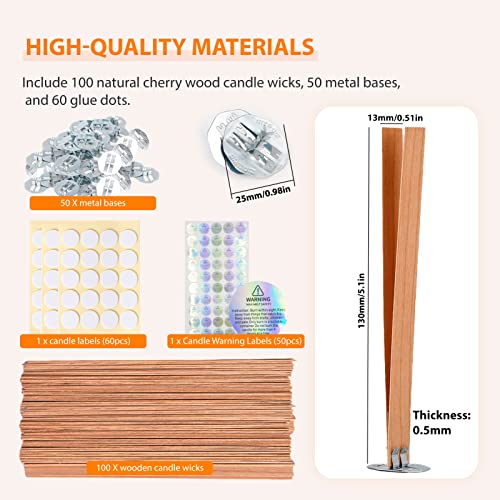 Ziosxin 100pcs Smokeless Cherry Wood Candle Wicks, Long Lasting Flame, Easily Burn, Natural Candle Cores with Stand and Glue Dot, Warning Label for Ziosxin