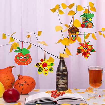 Winlyn 36 Sets Hanging Pumpkin Maple Leaf Acorn Wooden Ornaments Fall Craft Kits Paintable Unfinished Wood Pumpkin Autumn Leaf Acorn Cutouts Pom-Poms