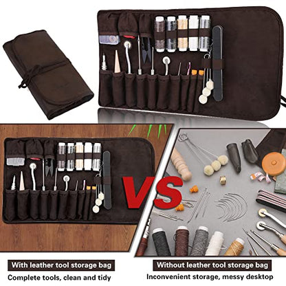 TLKKUE Leather Working Tools Leather Sewing Kit Leather Craft Tools with Storage Bag, Groover, Stitch Wheel, Waxed Threads, Awl, Needles, Manual, - WoodArtSupply