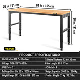 VEVOR 60" Adjustable Workbench, Heavay Duty Workstation 2000 LBS Load Capacity, with Power Outlets & Rubber Wood Top & Metal Frame & Foot Pads, for VEVOR