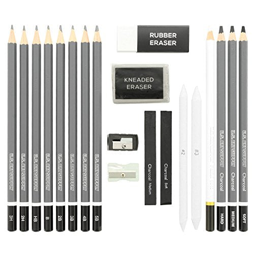 U.S. Art Supply 20 Piece Professional Hi-Quality Artist Sketch Set in Hard Storage Case - Sketch & Charcoal Pencils, Pastel, Stumps, Eraser, - WoodArtSupply