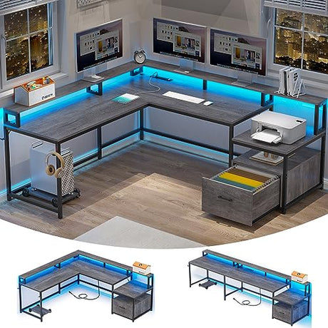 SEDETA L Shaped Office Desk, 66" Home Office Desk with File Drawer & Power Outlet, Gaming Desk with Led Lights, Corner Computer Desk with Monitor SEDETA