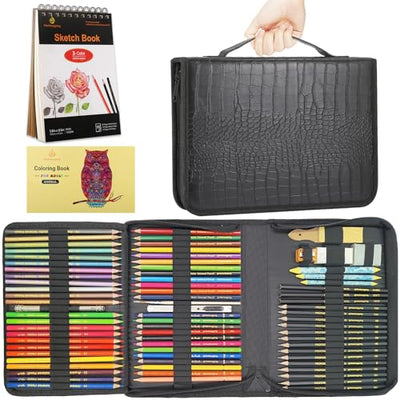 Drawing Kit, 78pcs Sketch Color Metallic Colored Watercolor Graphite pencil, 5.8x8.5" Sketchbook, 5.4x8"coloring book, for Sketching Drawing, Perfect