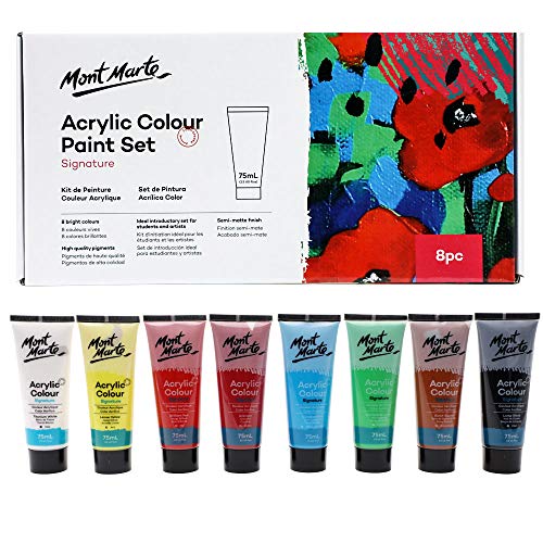 MONT MARTE Signature Acrylic Color Paint Set, 8 x 2.5oz (75ml), Semi-Matte Finish, 8 Colors, Suitable for Most Surfaces Including Canvas, Card, Paper MONT MARTE