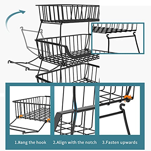 KOLENSA Metal Wire Baskets with Wheels, Stackable Storage Bins Kitchen Organizer Shelf 3-4-5-6 Tier Fruit Vegetable Cart Dishes Seasonal Rack Shelves KOLENSA