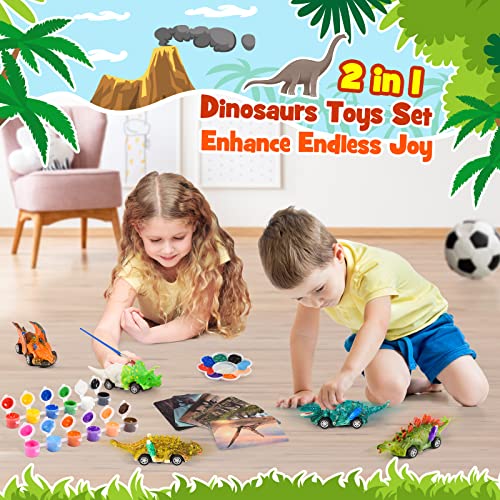 faentwc Dinosaur Toys for Kids 3-12 Year Old 2 in 1 Dinosaurs Painting Kits and Pull Back Cars Toy for Boys 5-7 Arts and Crafts Set for Girl DIY - WoodArtSupply