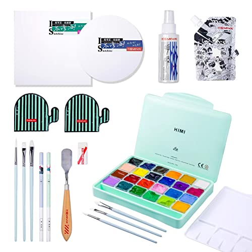 HIMI Gouache Paint Set, 41 Pcs Professional Art Painting Supplies Set with HIMI 24 Paints, 6 Paint Brushes, 2 Canvas Boards, Palette, Paint Knife, Artme