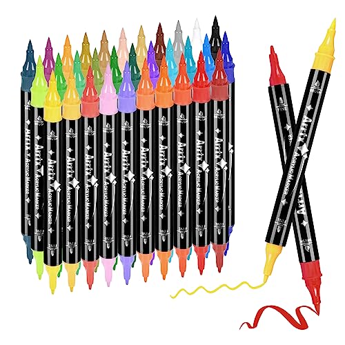 Arrtx Acrylic Paint Pens, 32 Colors Brush Tip and Fine Tip (Dual Tip) Paint Markers for Rock Painting, Water Based Acrylic Painting Supplies for