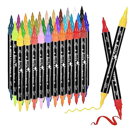 Arrtx Acrylic Paint Pens, 32 Colors Brush Tip and Fine Tip (Dual Tip) Paint Markers for Rock Painting, Water Based Acrylic Painting Supplies for Arrtx