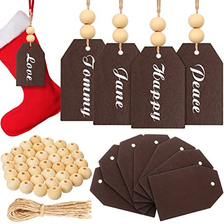 110 Pieces Christmas Stocking Name Tags Stocking Tags Unfinished Wooden Tags Xmas Stocking Hanging Tag Natural Wooden Beads with Ropes for Christmas Marsui