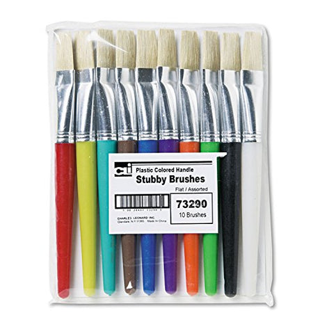 Charles Leonard Creative Arts Flat Tip Paint Brushes, Short Stubby Plastic Handle with Hog Bristle, 7.5 Inch, Assorted Colors, 10-Pack (73290) Charles Leonard