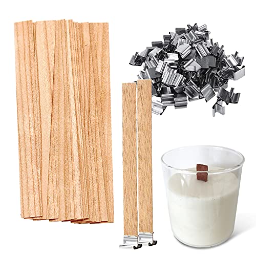 Wooden Wicks for Candle Making - 100pcs Candle Wicks for Soy Wax with Metal Clips at Base - Cracking Wood Wicks for Candles Making Home Décor Candle LIBERHAUS