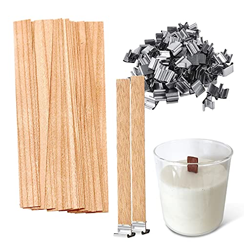 Wooden Wicks for Candle Making - 100pcs Candle Wicks for Soy Wax with Metal Clips at Base - Cracking Wood Wicks for Candles Making Home Décor Candle