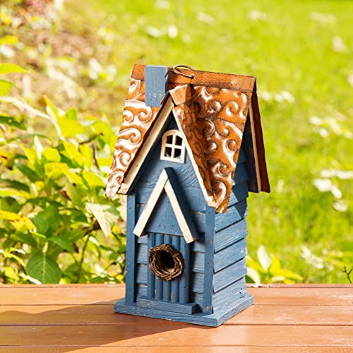 Glitzhome 12" H Retro Blue Distressed Solid Wood Cottage Birdhouse Hanging Bird House for Outdoors glitzhome