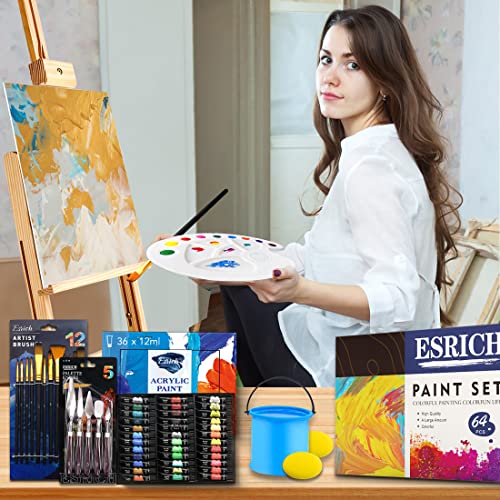 ESRICH Acrylic Paint Set,64PCS Painting Supplies with Wooden Easel,Paint Brushes,36Colors Acrylic Paint, Canvases,Palette,Paint Knives Etc,Painting - WoodArtSupply