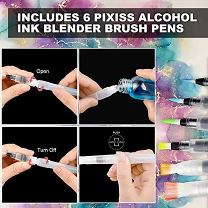 Alcohol Ink Blending Solution (4oz) and Water Brush Pen (6pk) - Watercolor Blending Brush Pens for Alcohol Ink Painting with Various Tips with - WoodArtSupply