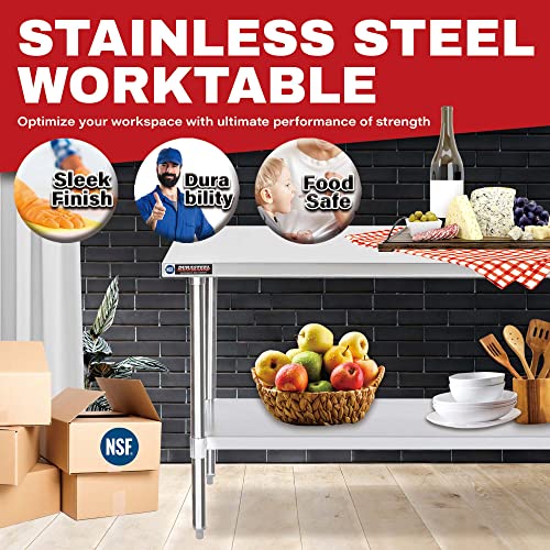 Food Prep Stainless Steel Table - DuraSteel 30 x 72 Inch Commercial Metal Workbench with Adjustable Under Shelf - NSF Certified - For Restaurant, DuraSteel