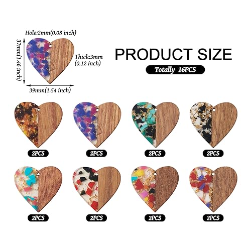 Craftdady 16Pcs Resin Wood Heart Charms with Gold Foil 8 Colors Walnut Wooden Pendants Earring Blank Charms for Women Boho Earrings Crafts DIY Craftdady