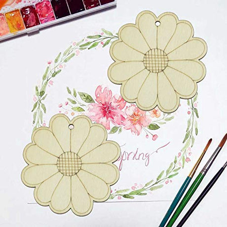 Creaides Flower Wood DIY Crafts Cutouts Wooden Sun Flower Shaped Hanging Ornaments with Hole Hemp Ropes Gift Tags for Wedding Birthday Christmas Creaides