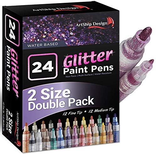 ArtShip Design 24 Glitter Paint Pens, Double Pack of Both Extra Fine and Medium Tip Paint Markers, for Rock Painting, Mug, Ceramic, Glass, and Fabric - WoodArtSupply