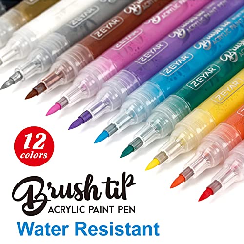 ZEYAR Acrylic Paint Pens Brush Tip, Valve-action Structure, Waterproof Ink, Writes on Paper, Rock, Rubber, Ceramics, Wood, Glass and more, Patented ZEYAR