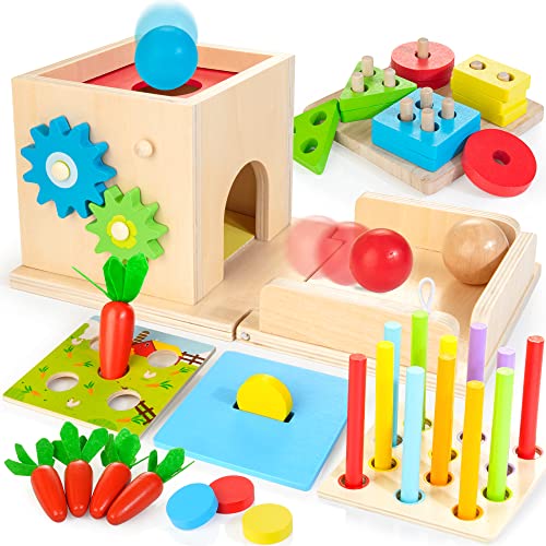 JUSTWOOD Montessori Toys for 1+ Year Old, 8-in-1 Wooden Play Kit Includes Object Permanent Box, Learning Activity Cube, Sorting & Stacking Toy, - WoodArtSupply