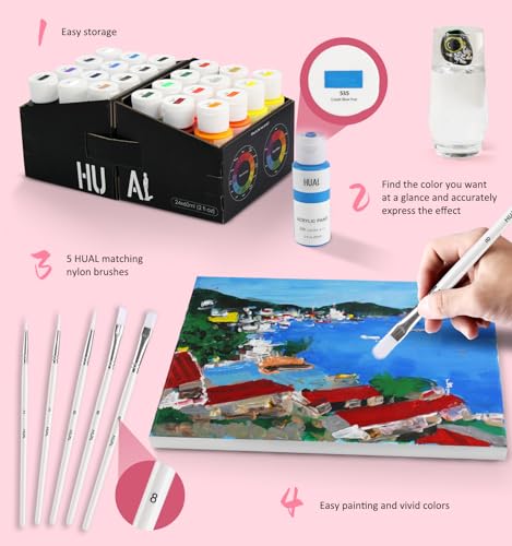 HUAL Acrylic Paint Set With 5 Brushes, 24 Colors (60ml, 2oz) Premium Acrylic Paints for Professional Artists Kids Students Beginners & Painters, HUAL