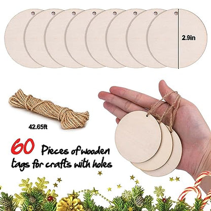 AIERSA 60Pcs Unfinished Wood Circles for Crafts Ornaments, 2.9Inch Round Wooden Tags with Holes & 42.65 Ft Twine, Blank Rustic Wood Pieces for