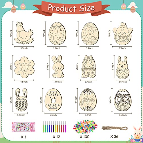 TREACLUB 36PCS Unfinished Wood Easter Ornaments, 12 Styles DIY Easter Eggs Bunny Chick Hanging Ornaments with Stickers Colored Pen Pom-poms Cutouts - WoodArtSupply