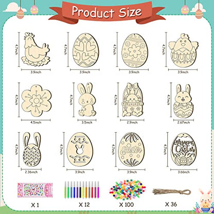 TREACLUB 36PCS Unfinished Wood Easter Ornaments, 12 Styles DIY Easter Eggs Bunny Chick Hanging Ornaments with Stickers Colored Pen Pom-poms Cutouts