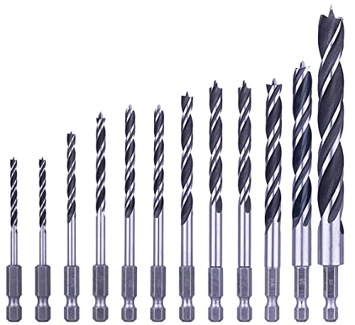 NordWolf 12-Piece Brad Point Wood Drill Bit Set for Carpenter Woodworking, Double Flutes Design with 1/4" Hex Shank, SAE Sizes 1/8" to 1/2" - WoodArtSupply