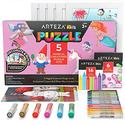 Arteza Kids Coloring Puzzle Kit, 16 Crayons, 5 Magical Creatures Puzzles, 6 Tubes of Glitter Glue, 5 Frames, Craft and Art Supplies for Toddlers, - WoodArtSupply