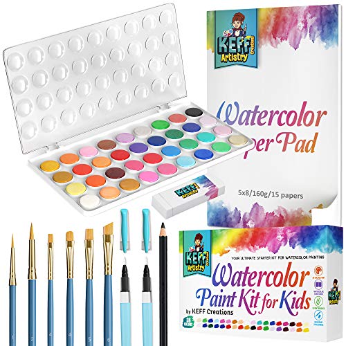 KEFF Watercolor Paint Set for Kids - 36 Water Colors Artist Painting Supplies Kit with Brushes, Refillable Brush Color Pens, Paper Pad, Pencil & - WoodArtSupply